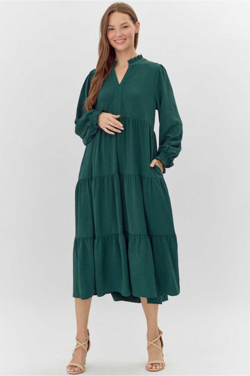 Hunter Green Ruffle Midi Dress