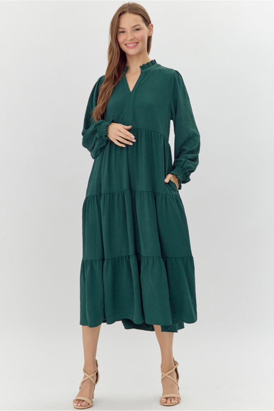 Hunter Green Ruffle Midi Dress