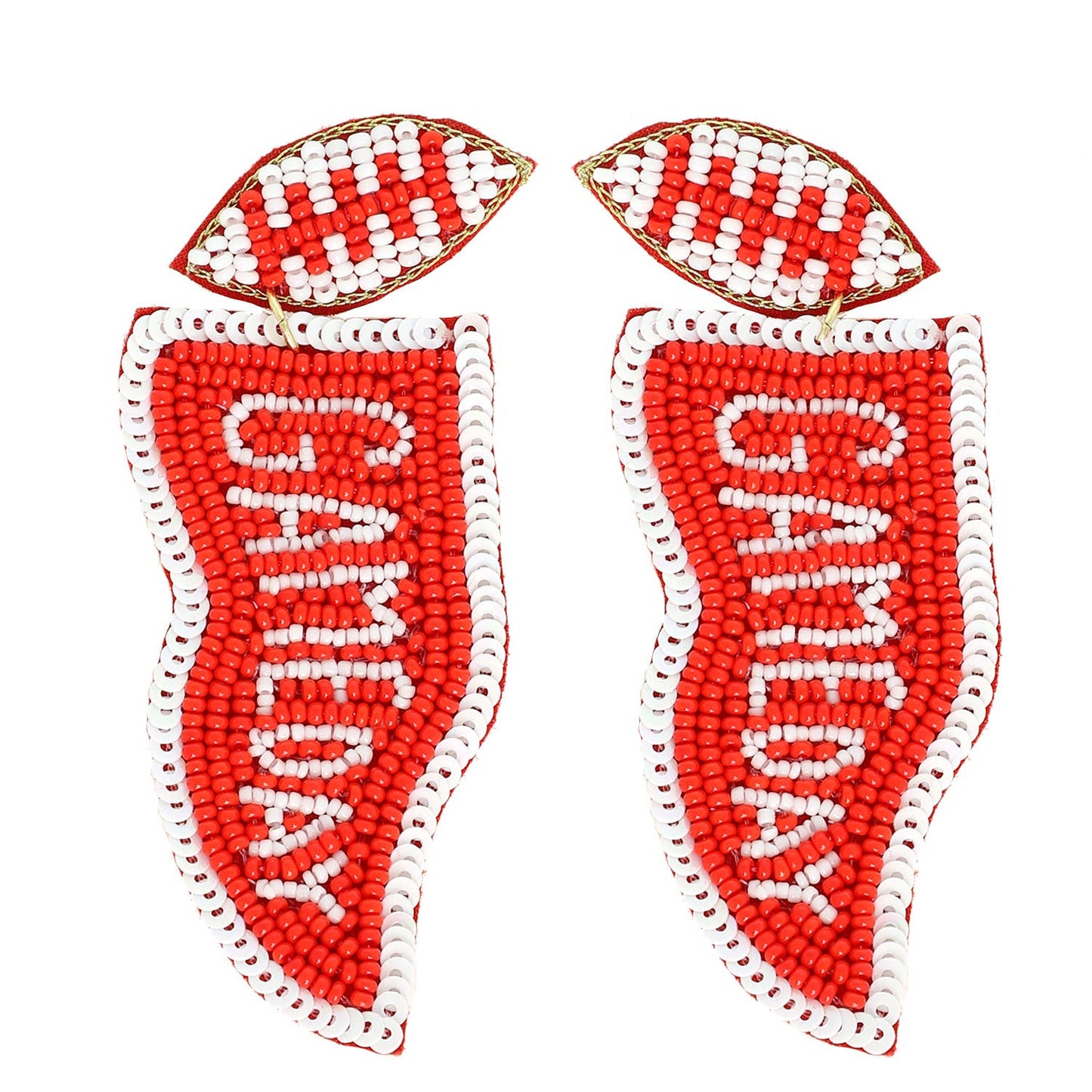 Game Day Letter Beaded Sequins Flag Post Earrings : Purple White