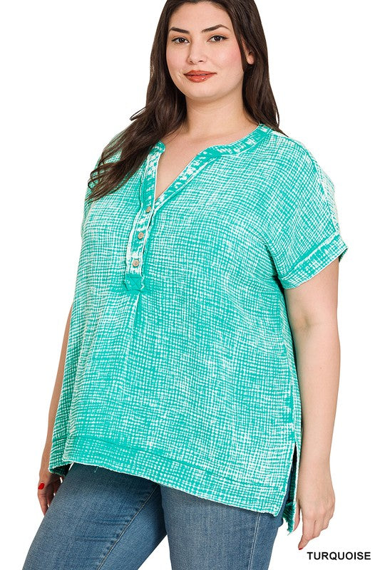 Turquoise Gauze Henley Top