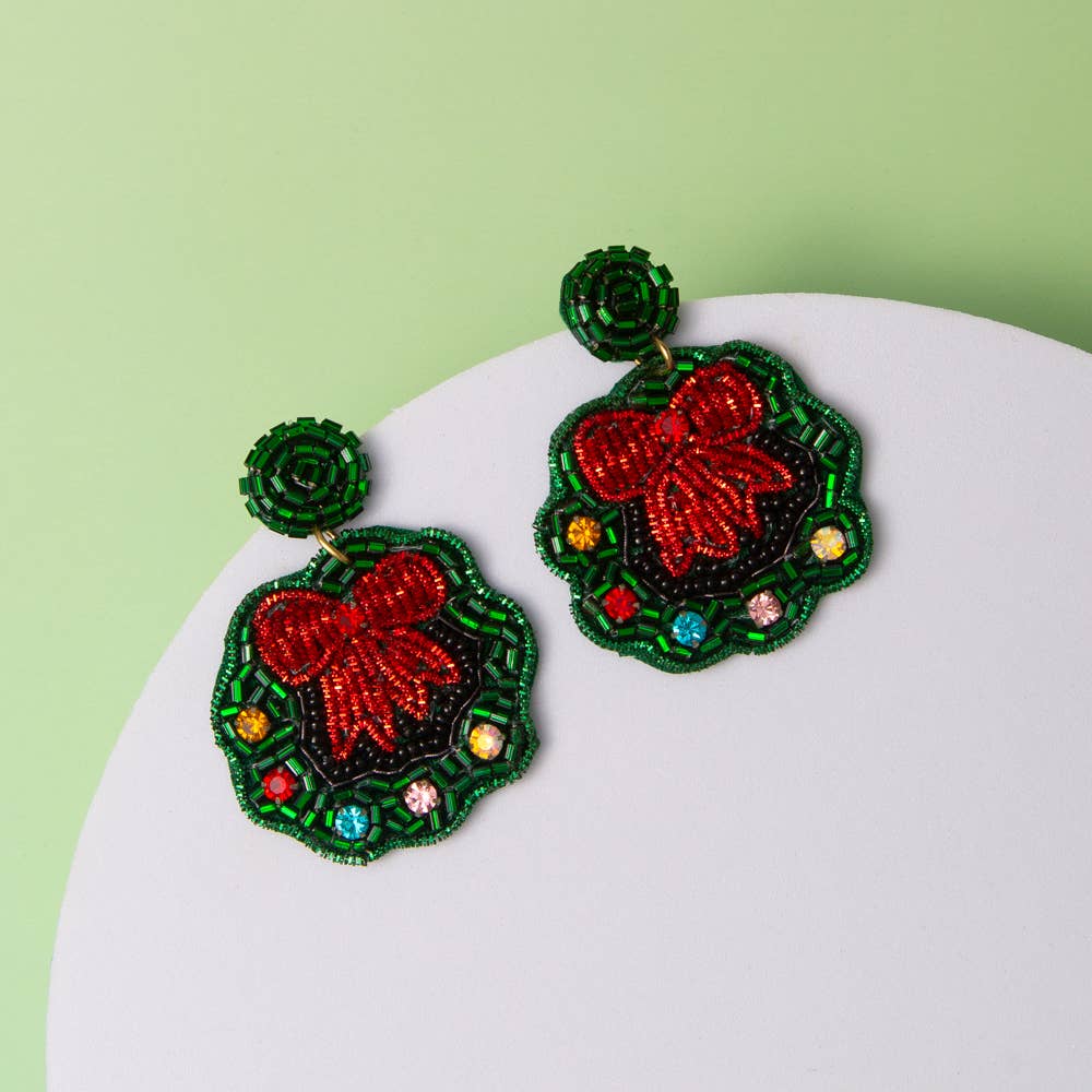 Holiday Christmas Wreath Beaded Dangle Earrings