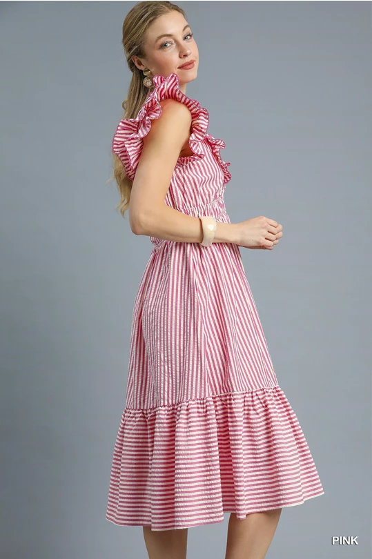 Pink Ruffle Trimmed Striped Midi Dress