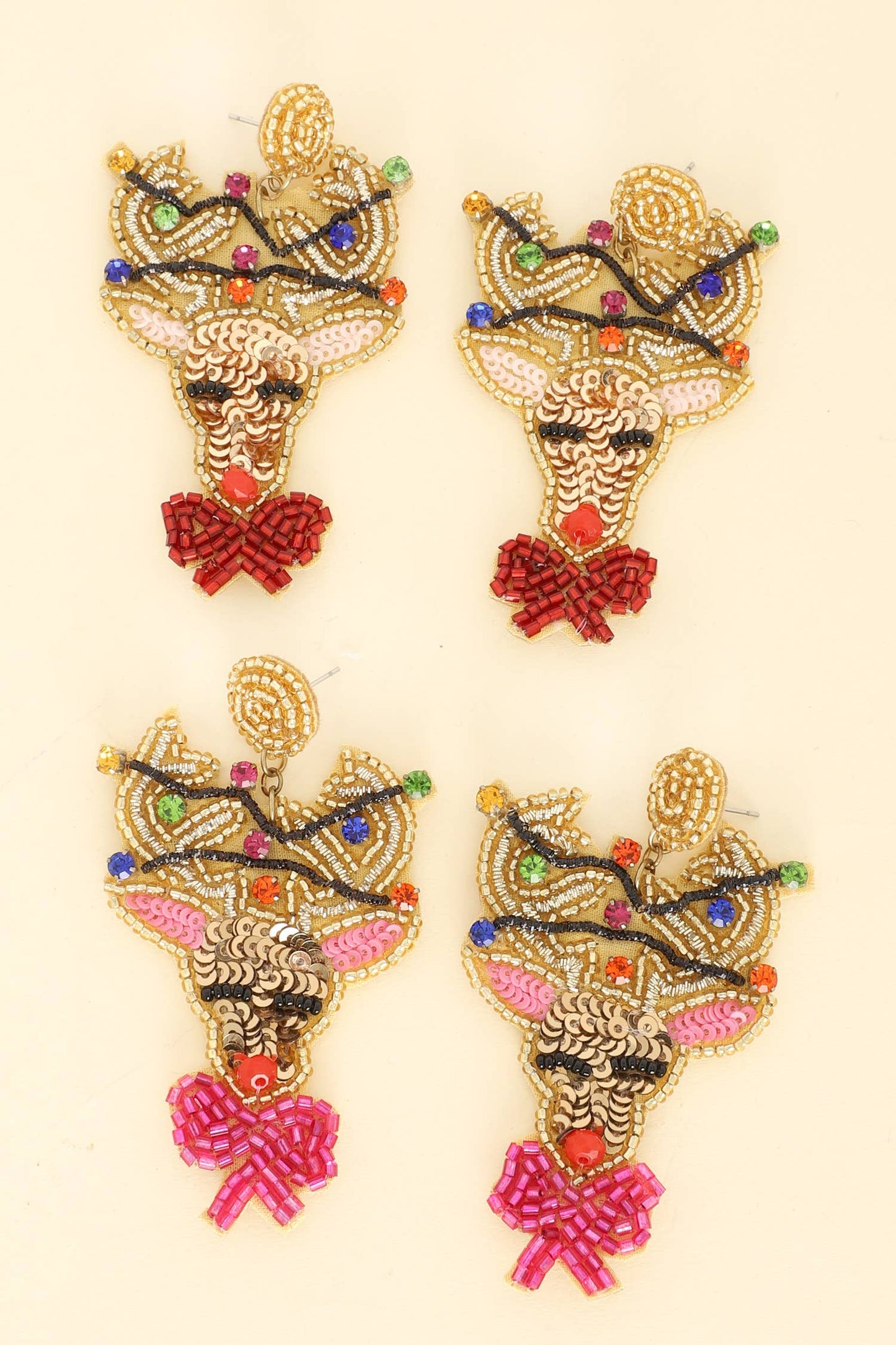 Christmas Reindeer Bead Embroidered Earrings : Pink