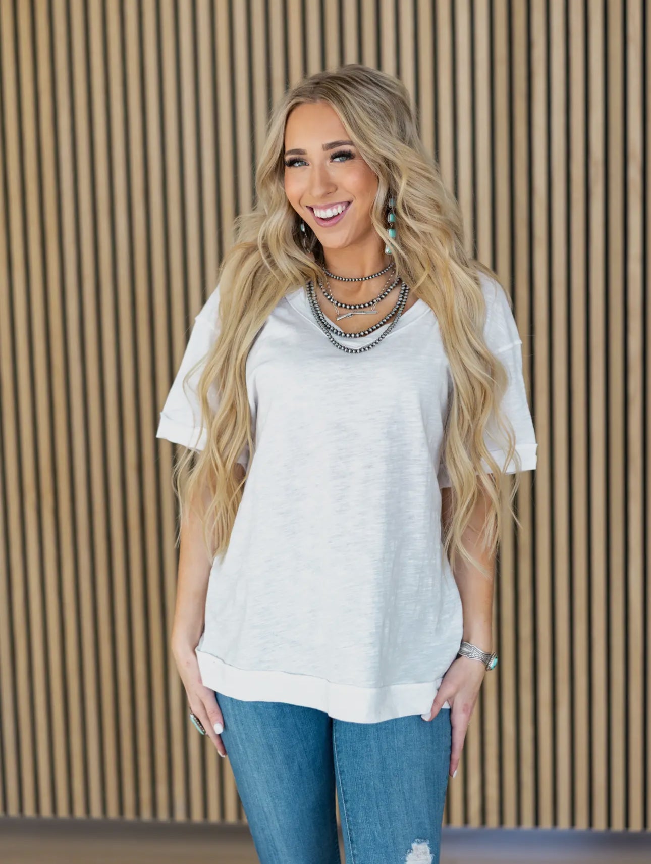 Ivory Raw Edge V-Neck Top
