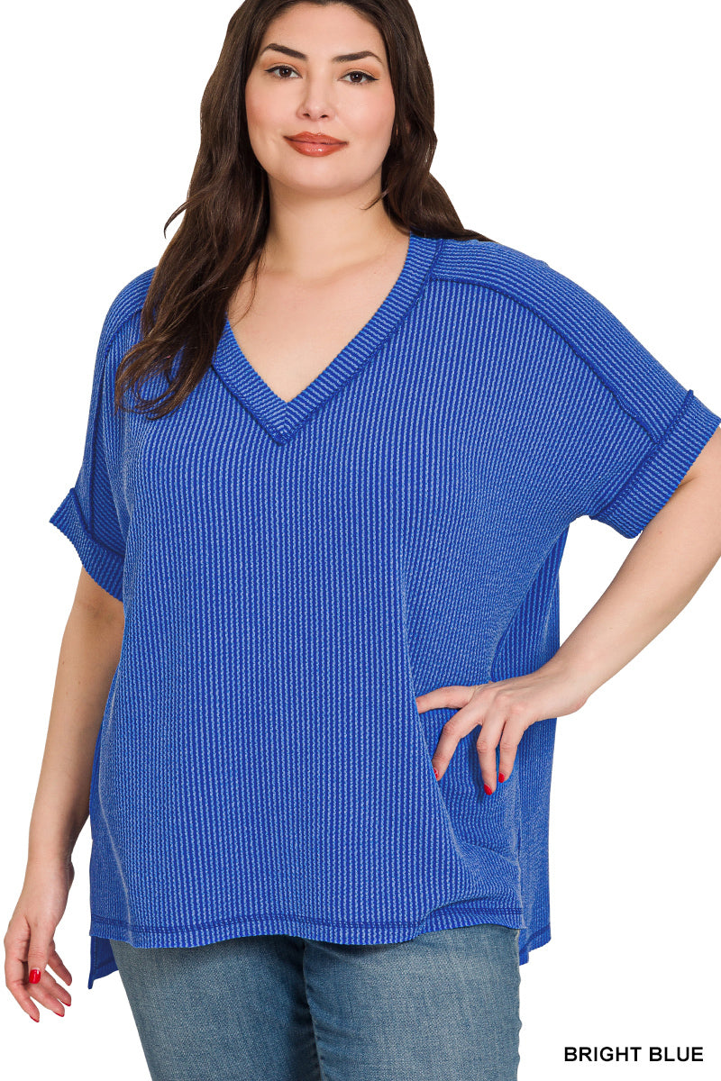 Curvy Ribbed V-neck SS Tee-Bright Blue