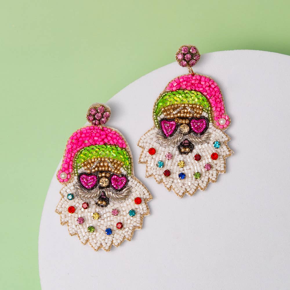 Santa with Heart Glasses Seed Beaded Earrings