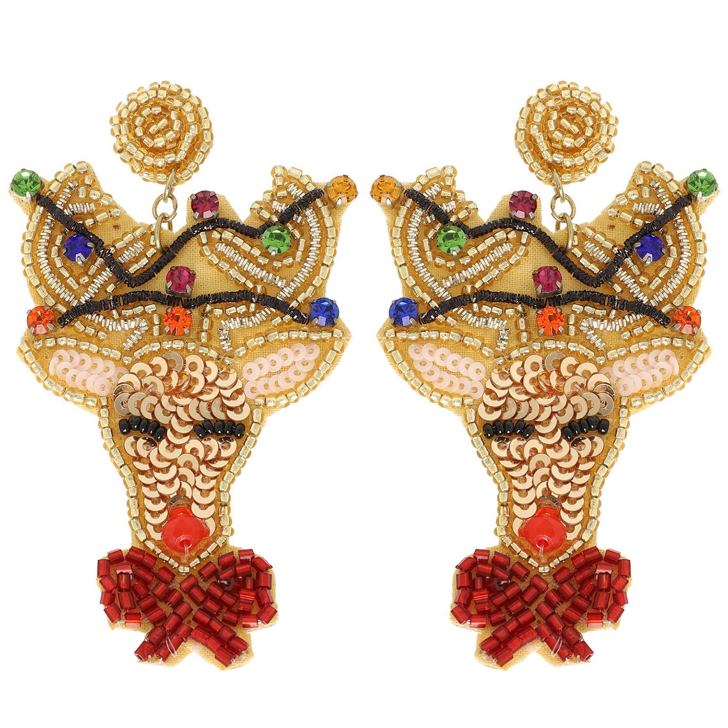 Christmas Reindeer Bead Embroidered Earrings : Pink