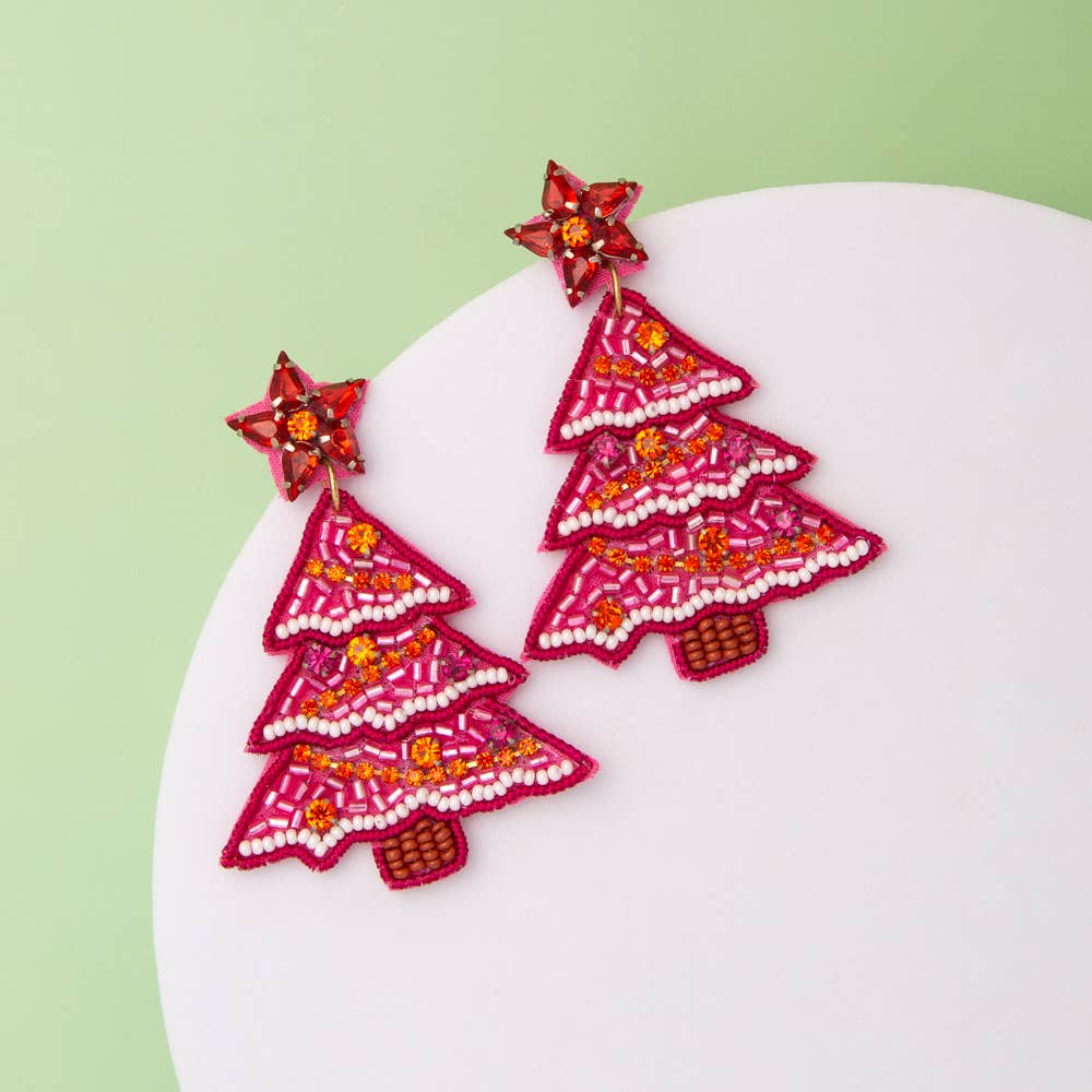 Bead Rhinestone Embellished Christmas Tree Dangle Earrings