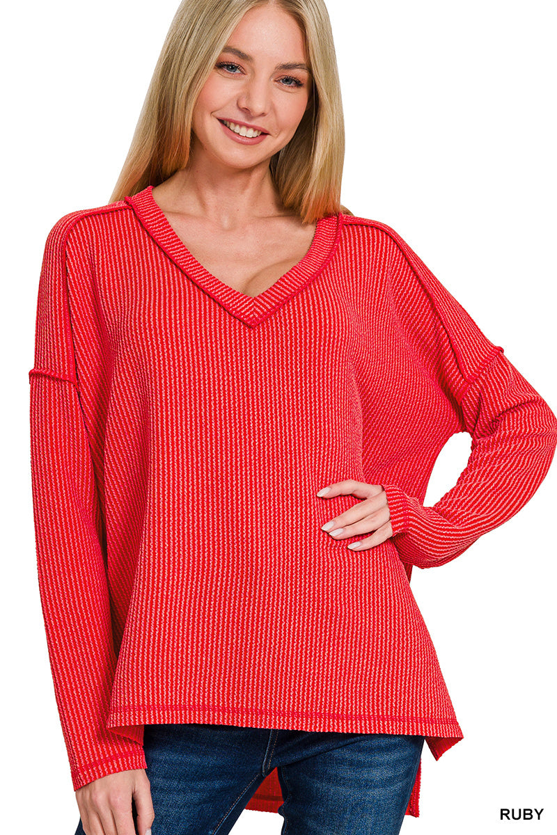 Ribbed V-neck LS Tee-Ruby