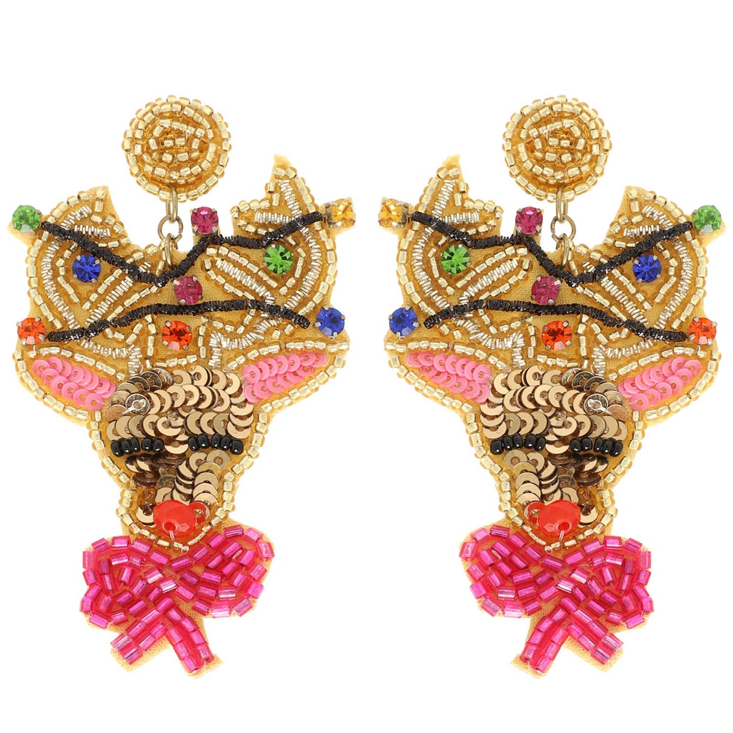 Christmas Reindeer Bead Embroidered Earrings : Pink