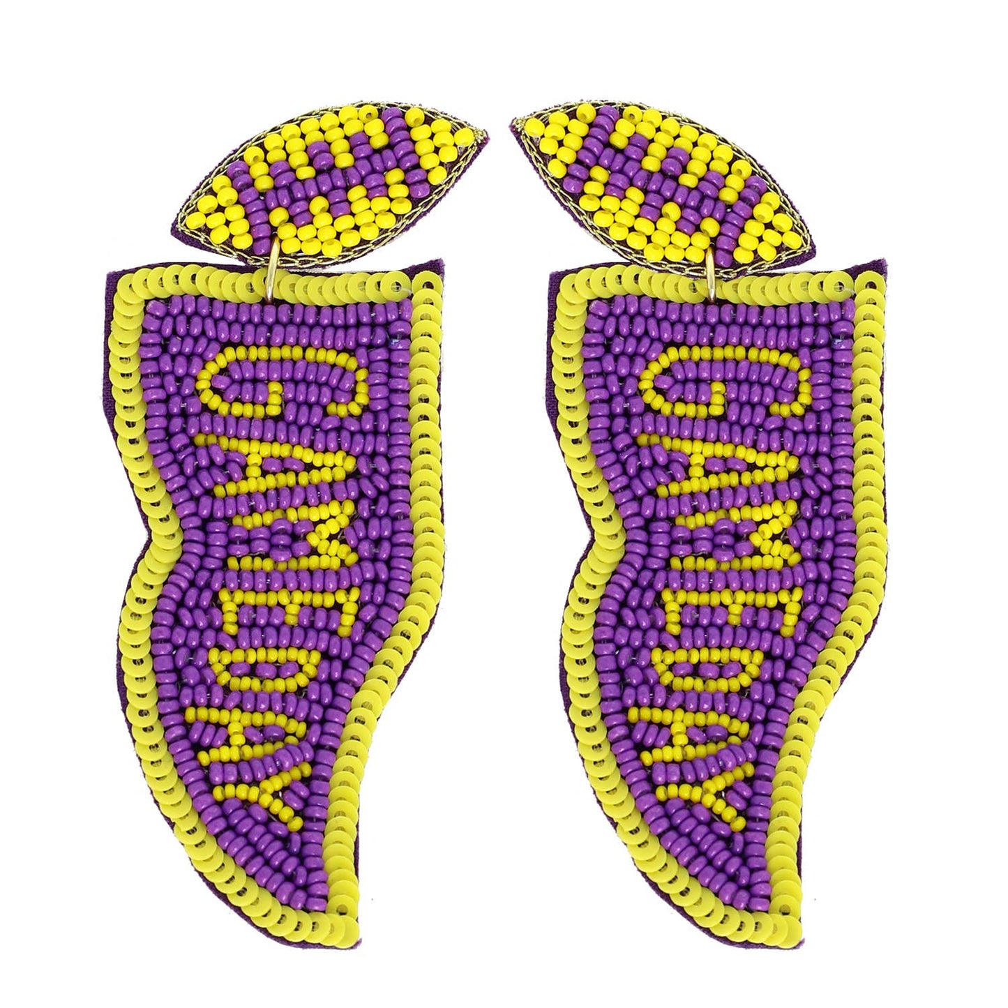 Game Day Letter Beaded Sequins Flag Post Earrings : Purple White