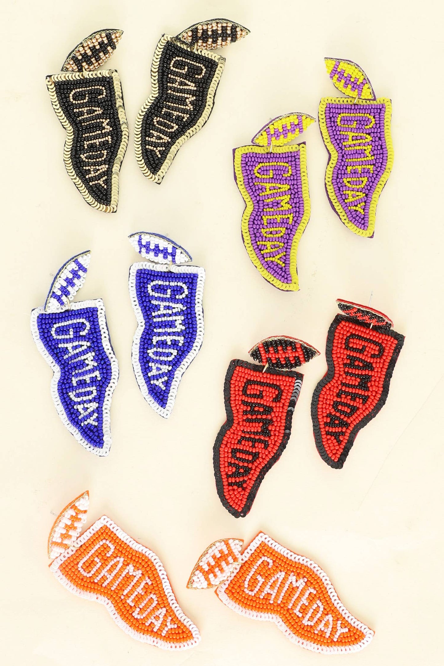 Game Day Letter Beaded Sequins Flag Post Earrings : Purple White