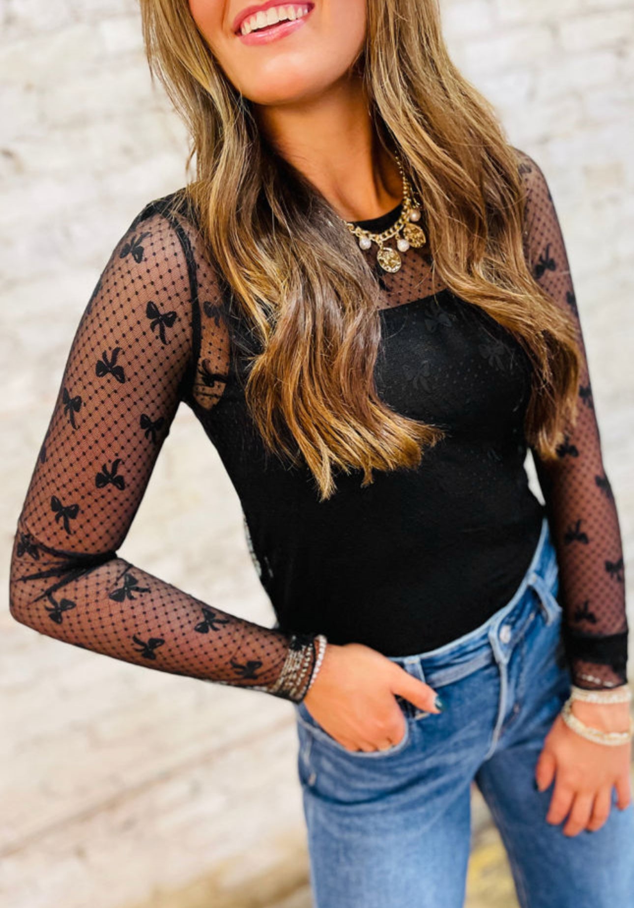 Bow Pattern Mesh Top