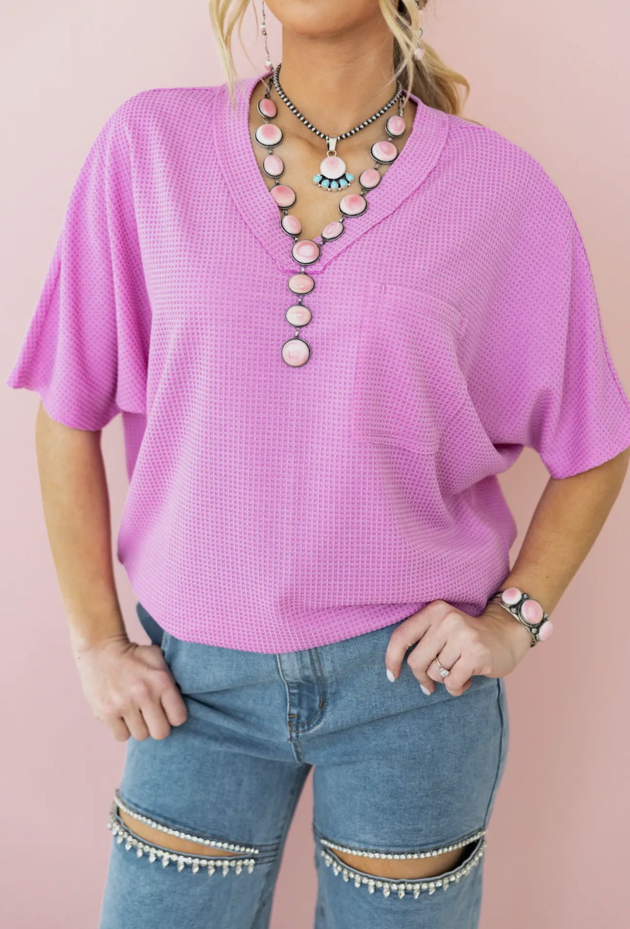 Magenta Glow Waffle V-Neck Tee