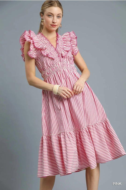Pink Ruffle Trimmed Striped Midi Dress