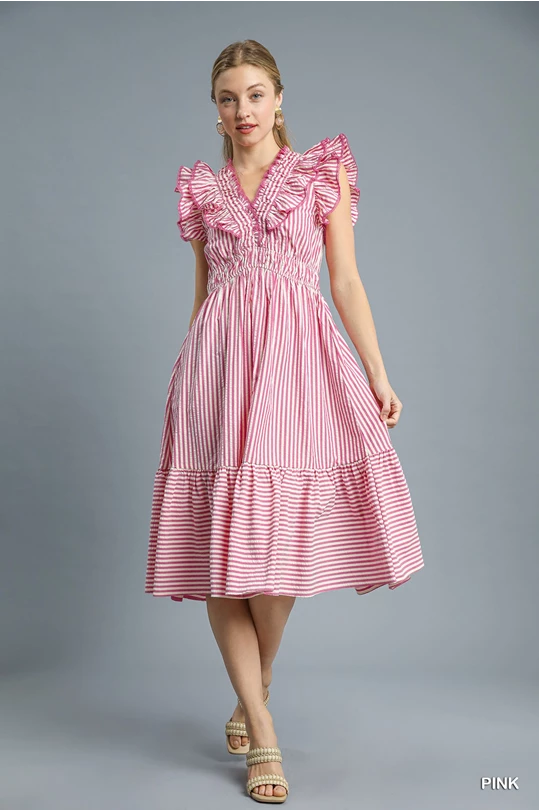 Pink Ruffle Trimmed Striped Midi Dress