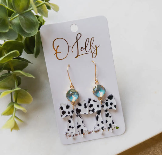 O’Lolly Black & White Bow with teal stone Earrings
