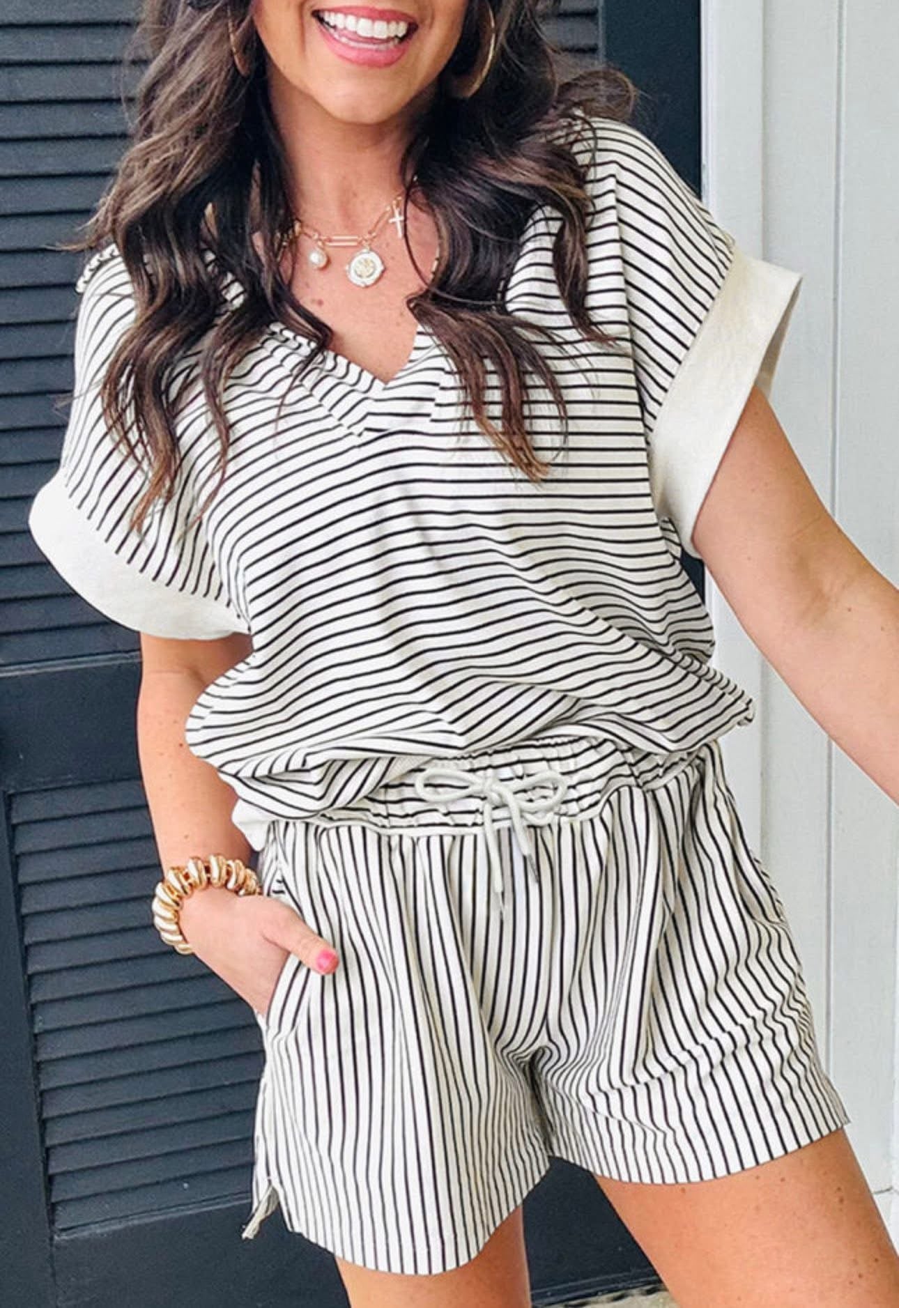 Blacks Striped V Neck Shorts Set