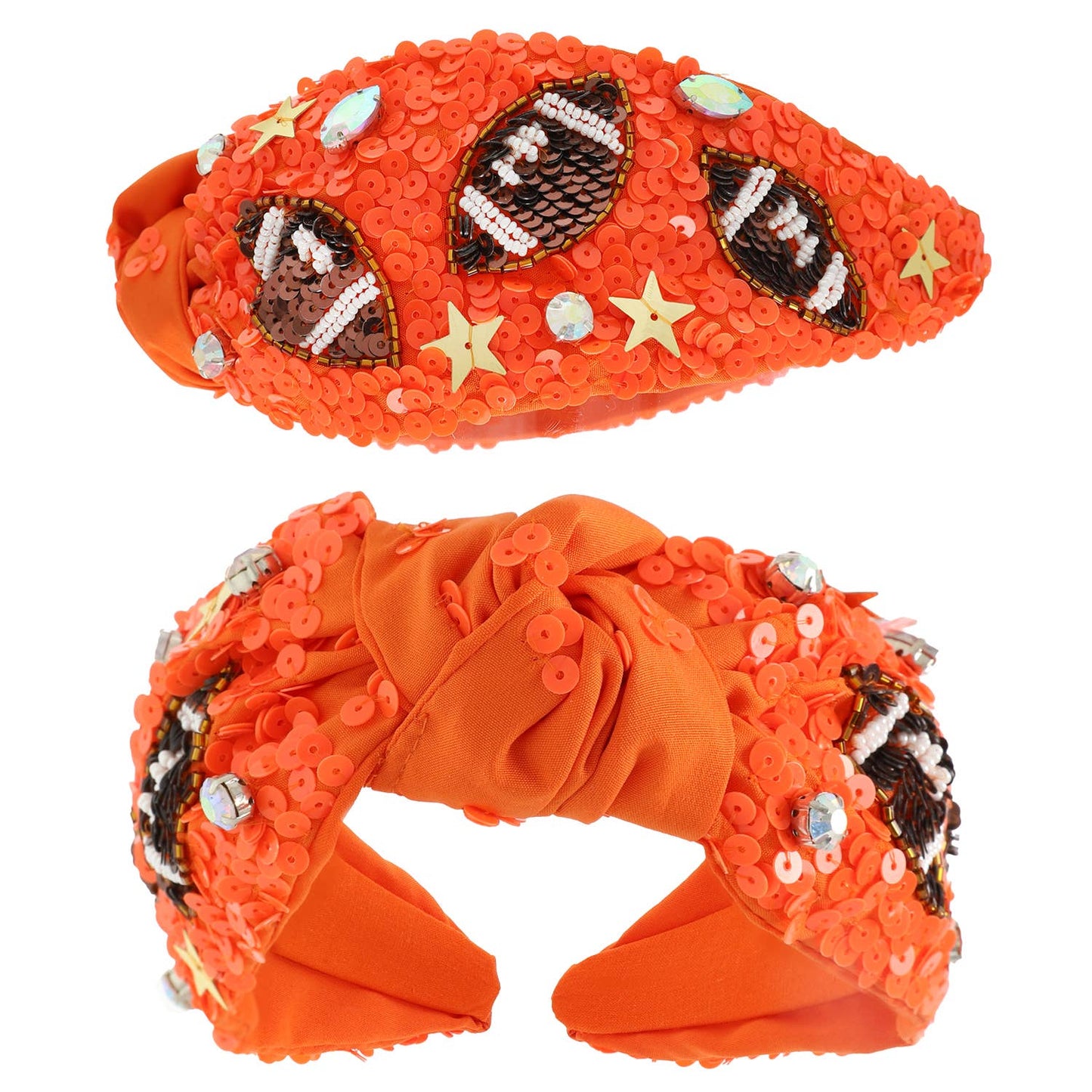 Football Top Knotted Jeweled Beaded Headband : Orange
