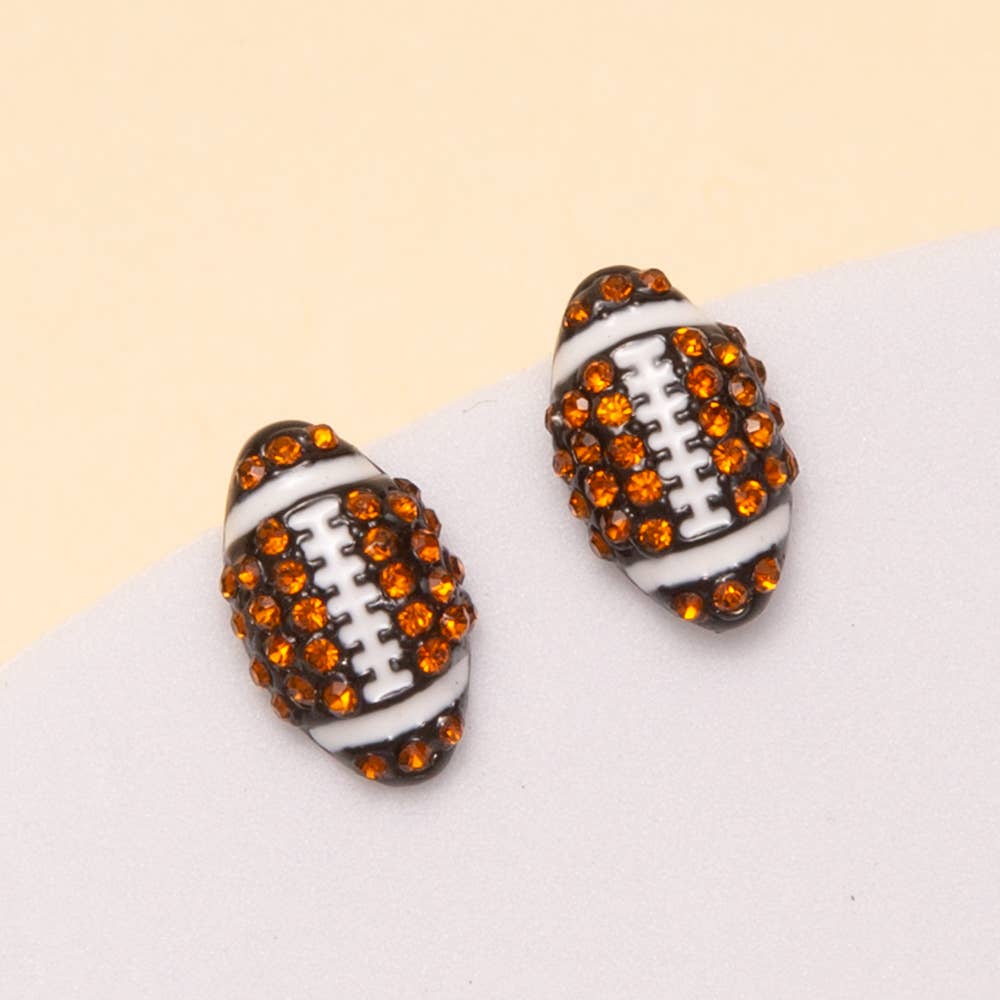 Gameday Two-Tone Rhinestone Pave Football Stud Earrings: Orange