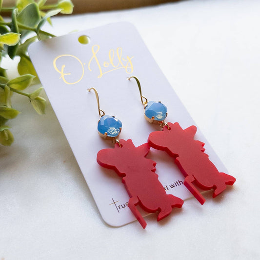 Red Acrylic Rebel Man Earrings w/Blue Stone