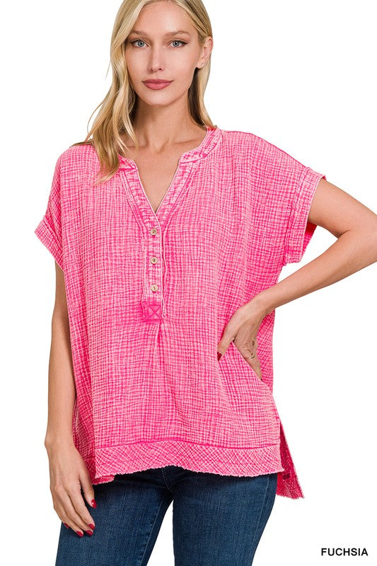 Fuchsia Gauze Henley Top