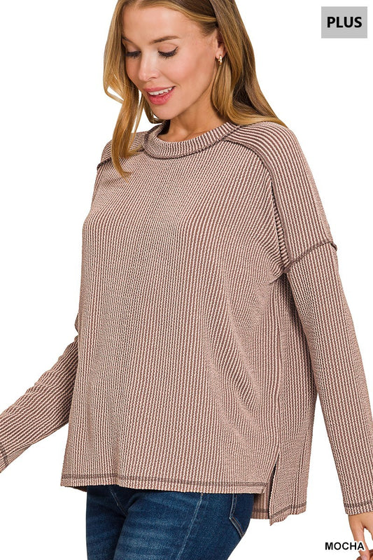 Curvy Ribbed round neck LS Tee-Mocha
