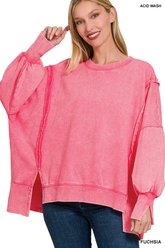 Acid Wash Terry Sweatshirt-Fuchsia