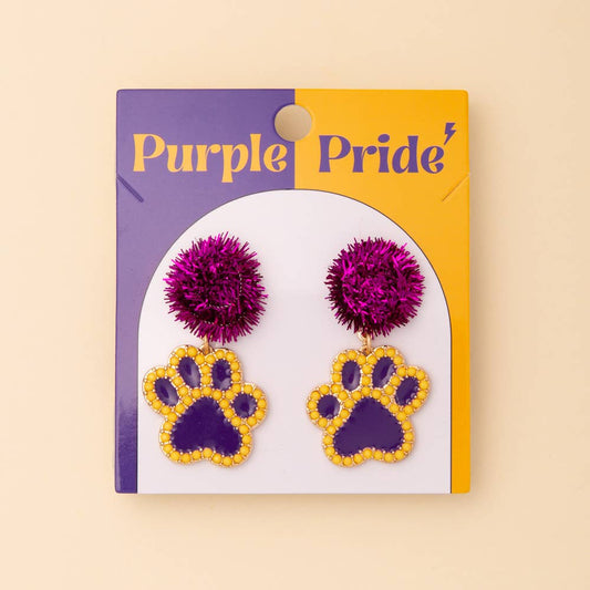 Game Day Dog Paw Dangle Earrings with Pom and Rhinestone: Purple Yellow