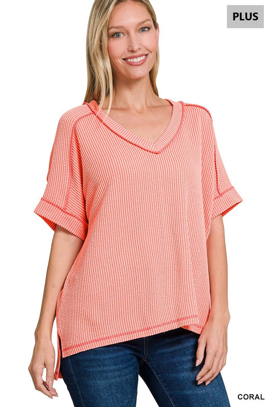 Ribbed V-neck SS Tee-Coral