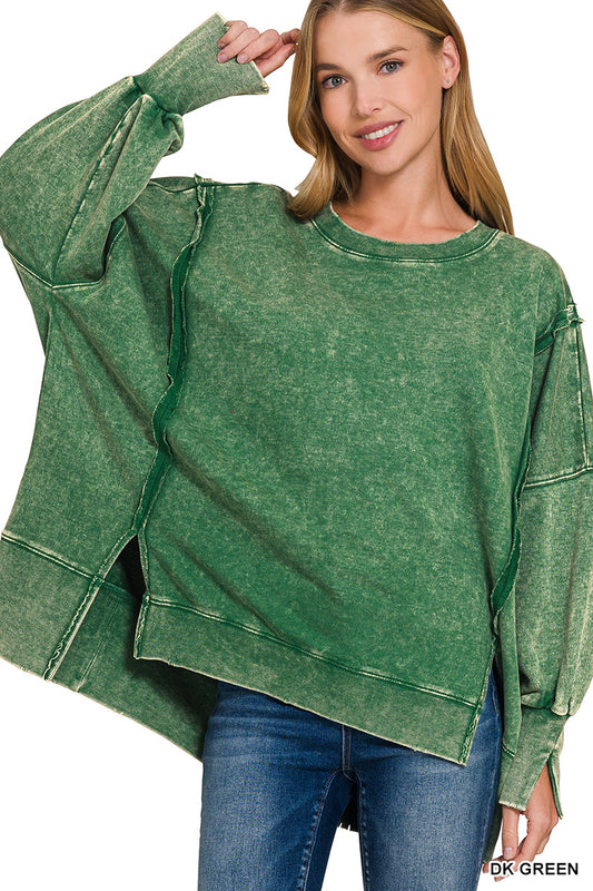 Acid Wash Terry Sweatshirt-Dk. Green