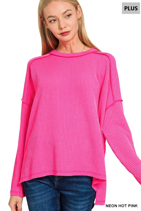 Curvy Ribbed round neck LS Tee-Neon Hot Pink