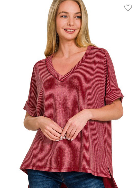 Ribbed Burgundy V-Neck