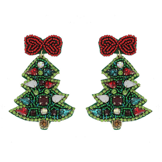 Jeweled Christmas Tree Beaded Embroidery Earrings: Green