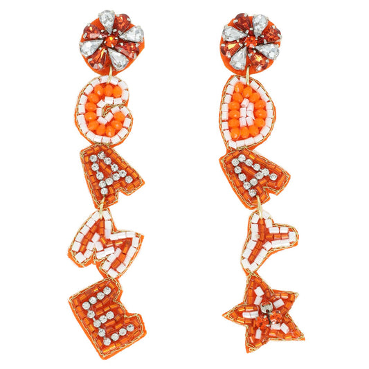 Game Day Letter Beaded Rhinestone Post Earrings : Orange White