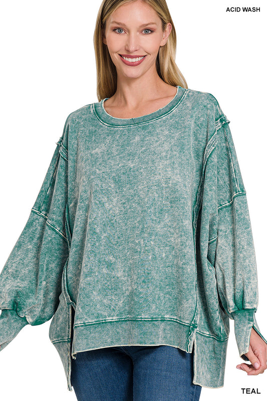 Acid Wash Terry Sweatshirt-Teal