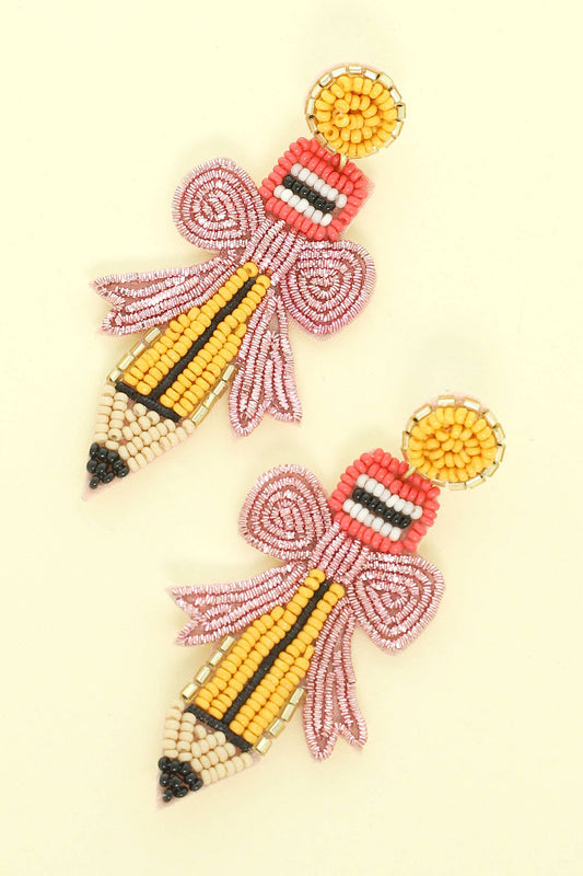 Pencil with Pink Bow Seed Beaded Post Dangle Earrings