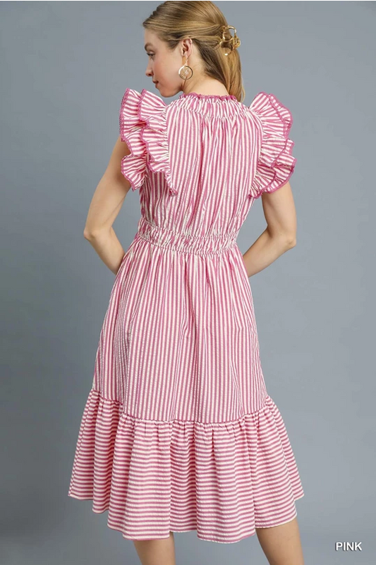 Pink Ruffle Trimmed Striped Midi Dress