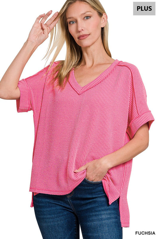 Curvy Ribbed V-neck SS Tee-Fuchsia