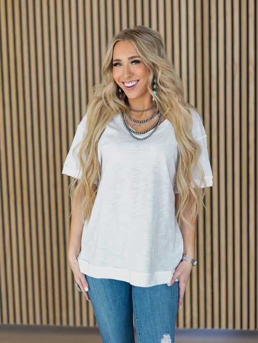 Ivory Raw Edge V-Neck Top
