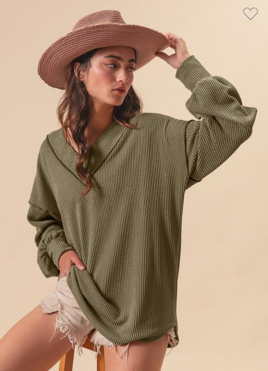 Ribbed Long Sleeve Top-Olive