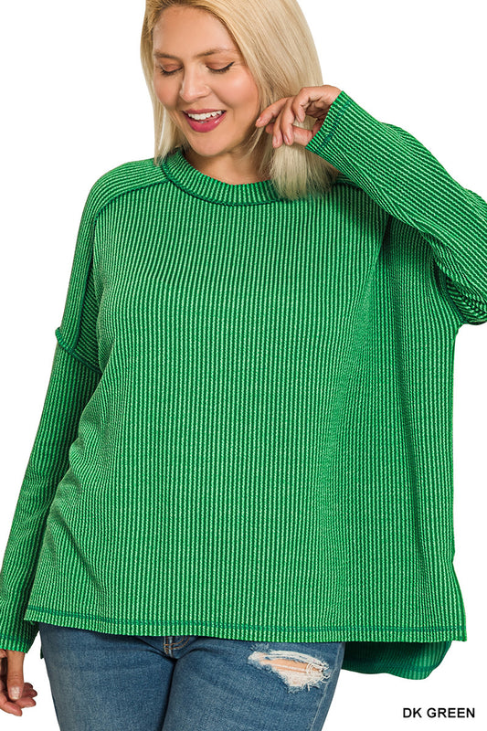 Curvy Ribbed round neck LS Tee-Dk Green