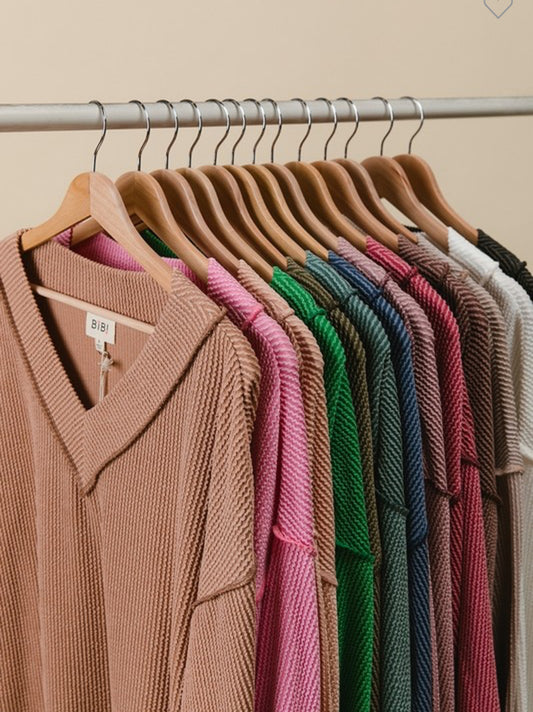 Ribbed Long Sleeve Top-Burgundy