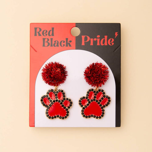 Game Day Dog Paw Dangle Earrings with Pom and Rhinestone: Red Black