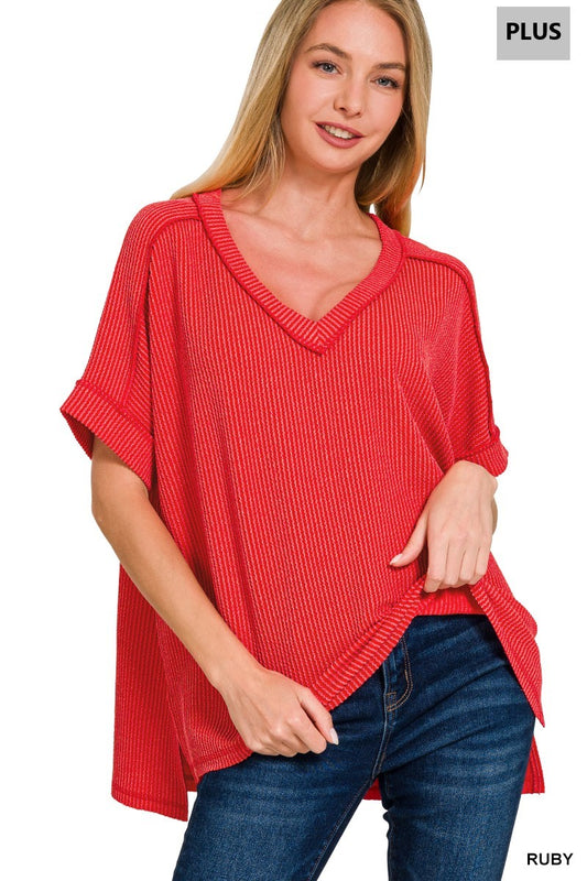 Ribbed V-neck SS Tee-Ruby