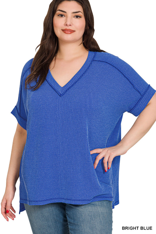 Curvy Ribbed V-neck SS Tee-Bright Blue