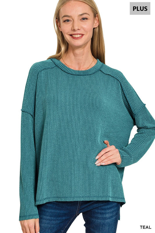 Curvy Ribbed round neck LS Tee-Teal