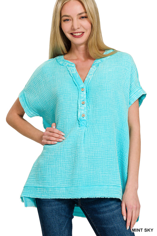 Mint Sky Gauze Henley Top