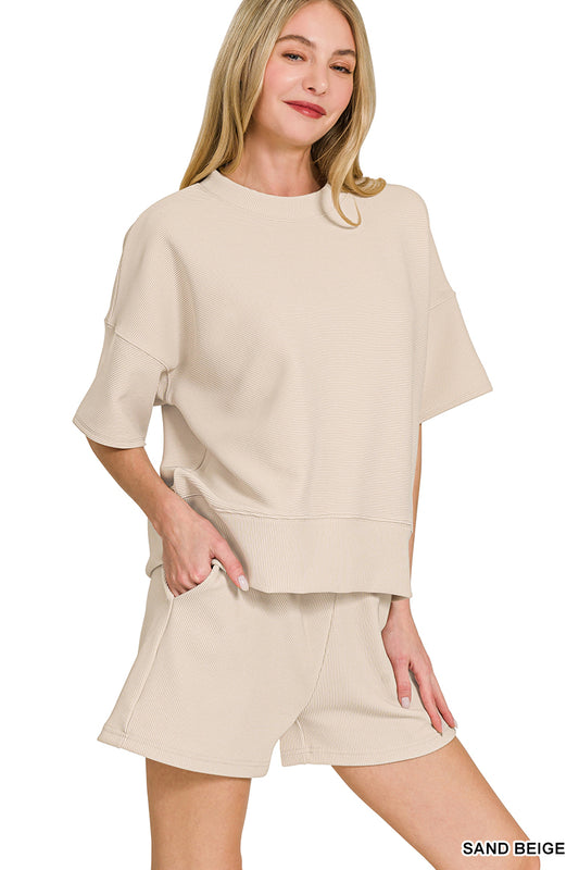 Beige Ribbed Tee & Shorts Set