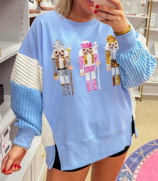 Blue Sequin Nutcracker Pullover